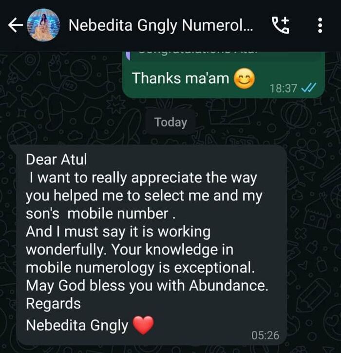 WhatsApp feedback screenshot from Nebedita Ganguly