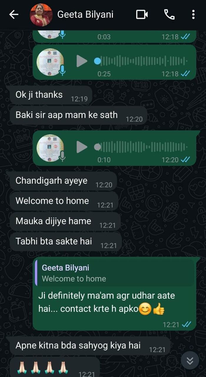 WhatsApp feedback screenshot from Client WhatsApp feedback
