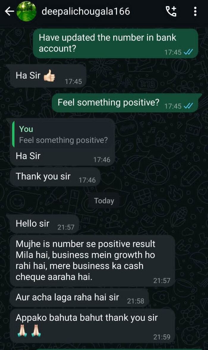 WhatsApp feedback screenshot from Deepali