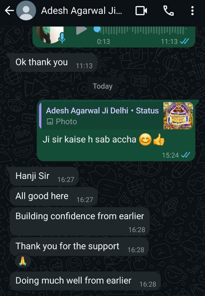 WhatsApp feedback screenshot from Adesh Agarwal Ji