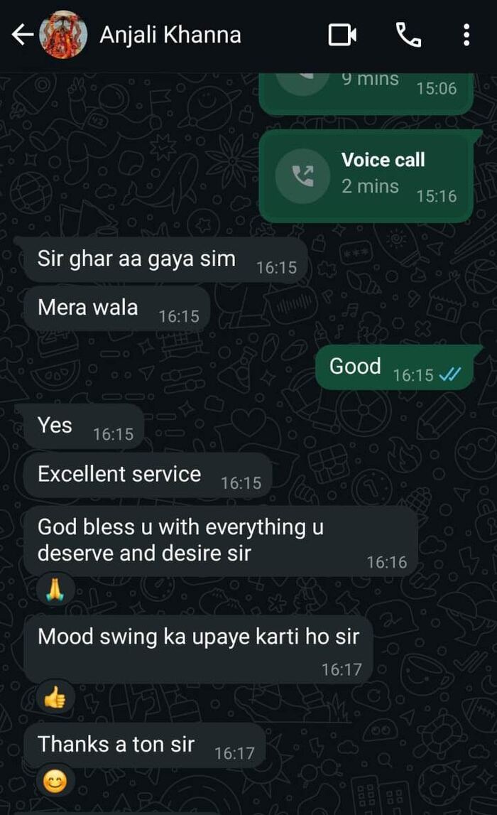 WhatsApp feedback screenshot from Anjali Khanna