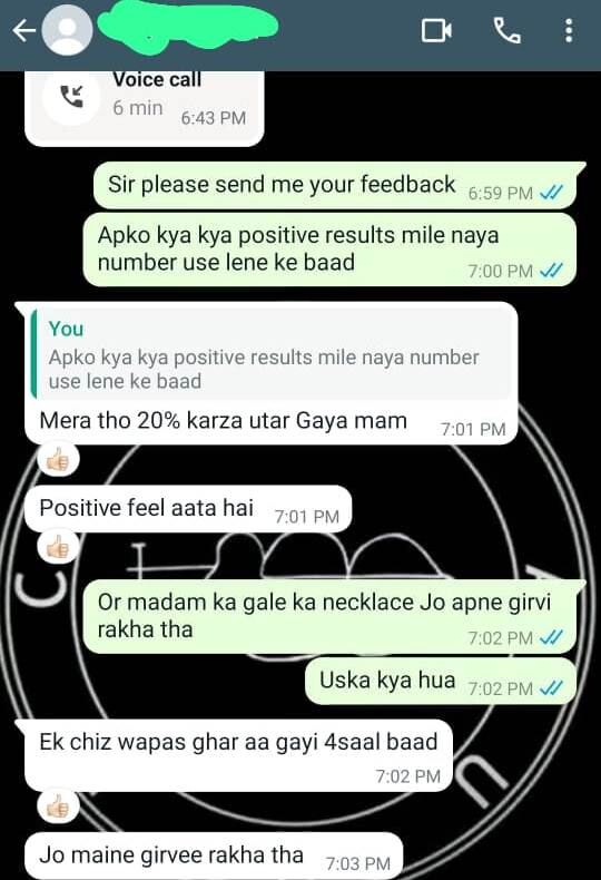 WhatsApp feedback screenshot from Client WhatsApp feedback