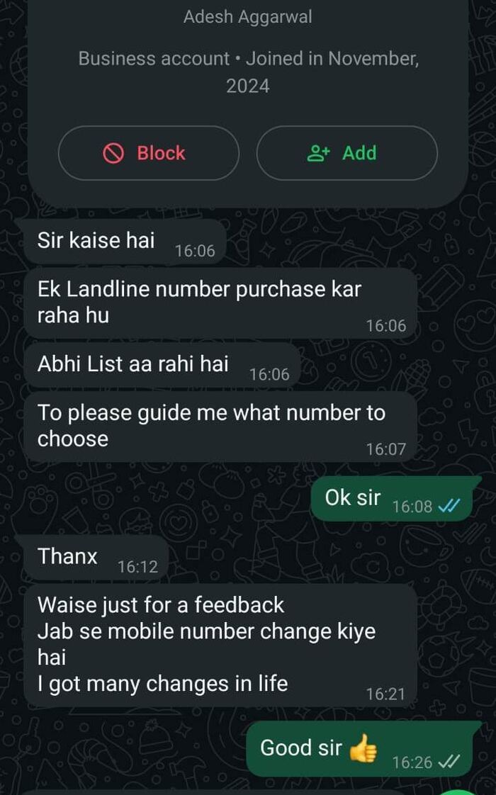 WhatsApp feedback screenshot from Adesh Aggarwal