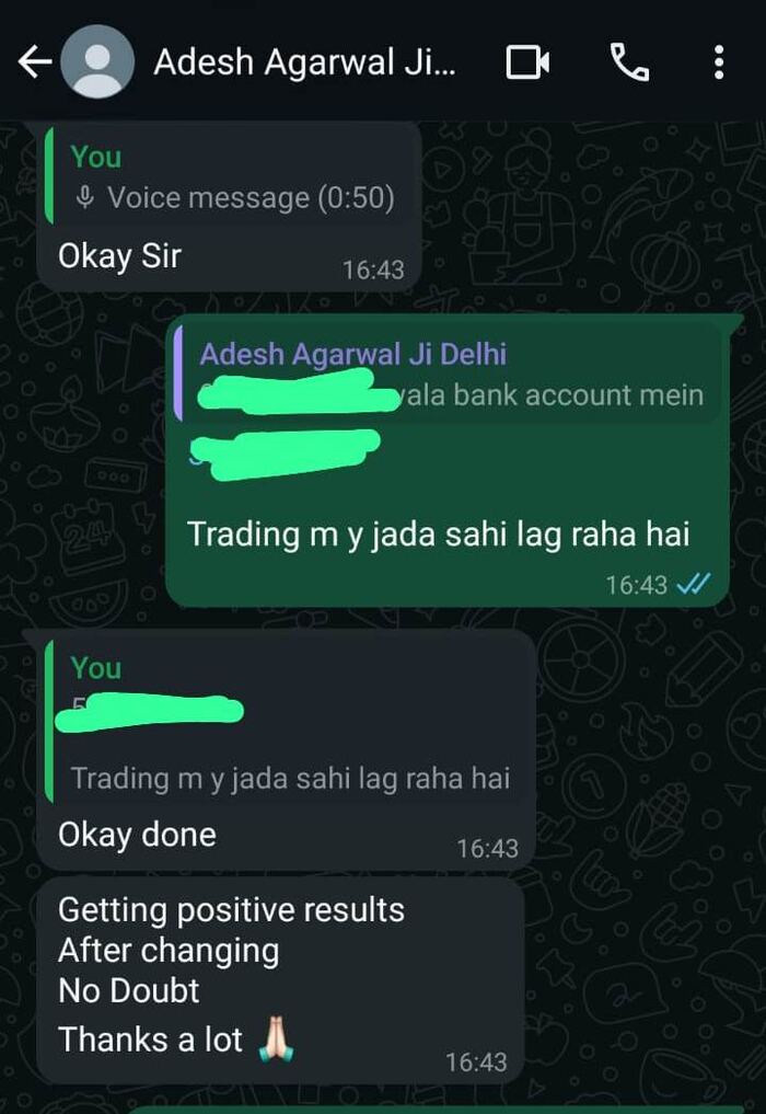 WhatsApp feedback screenshot from Adesh Agarwal Ji
