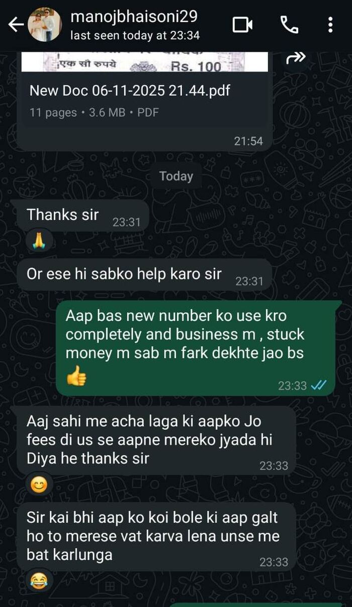 WhatsApp feedback screenshot from Manoj Soni